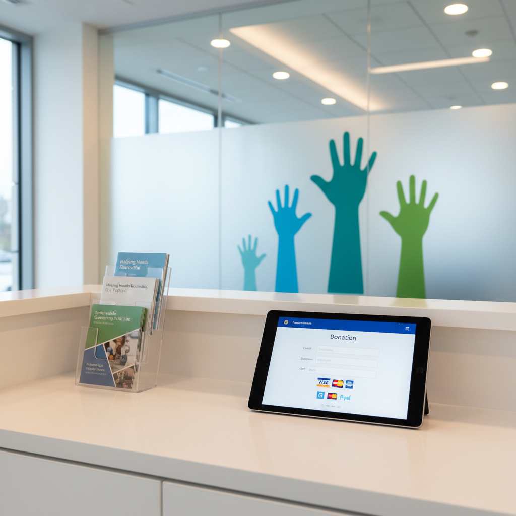 A small, welcoming donation corner in a modern office interior, with a pristine white counter holding a tablet screen displaying an online donation form with secure payment icons, beside a minimal brochure stand filled with neatly arranged informational leaflets about the foundation’s projects. Behind the counter, a soft-focus background shows a subtle wall graphic symbolizing helping hands as stylized shapes in blue and green. Gentle, indirect daylight combined with warm ambient interior lighting creates a trustworthy, contemporary mood. Photographic realism at eye level, balanced composition with slight emphasis on the tablet screen, symbolizing modern, transparent digital support for charitable initiatives.