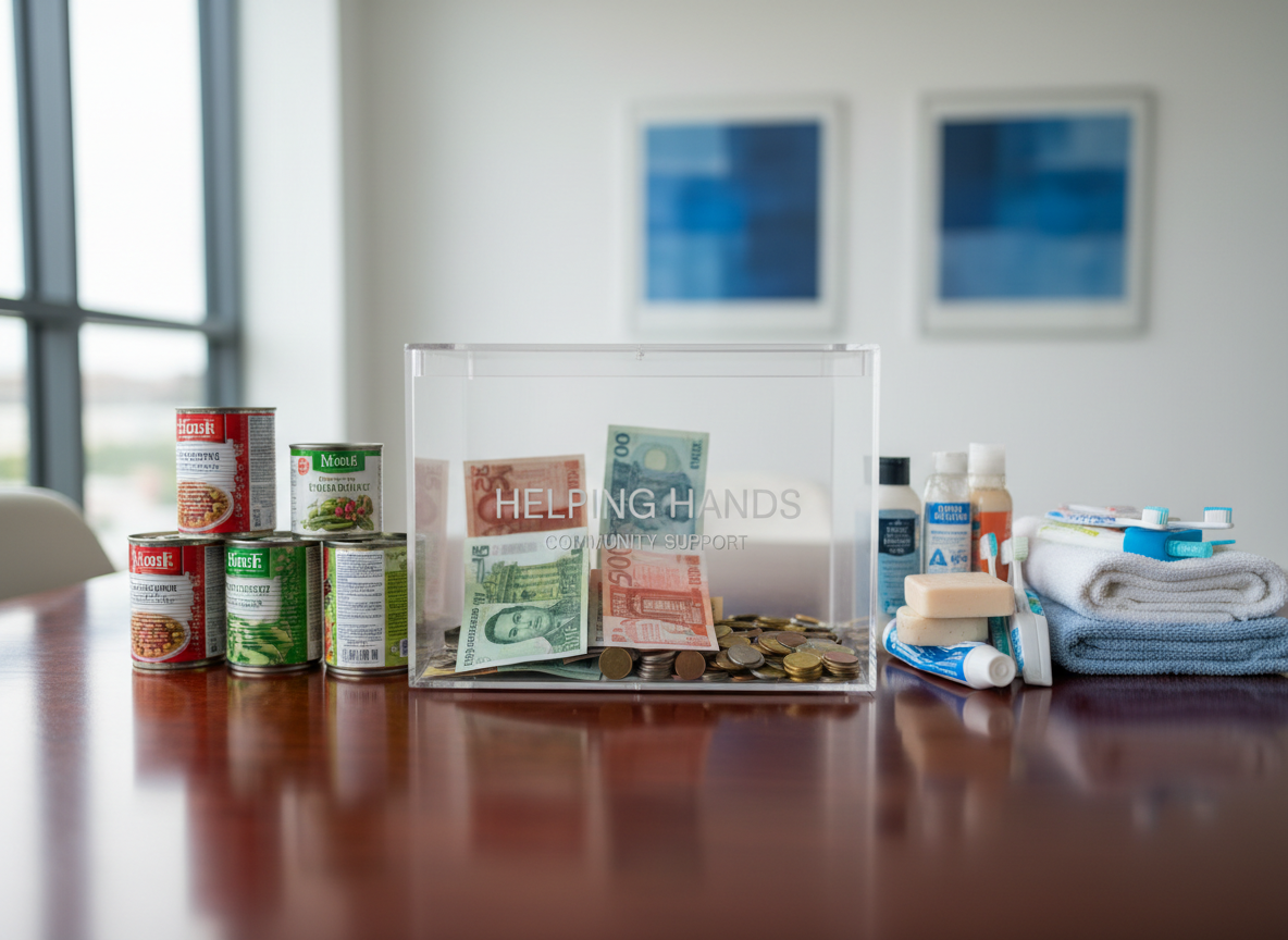 A close-up view of a polished wooden donation table with a prominently placed clear acrylic charity box half-filled with colorful banknotes and coins, next to organized stacks of essential supplies like canned food, hygiene products, and neatly folded towels. Behind the table, a soft-focus backdrop shows a minimal, modern office environment with white walls and subtle blue accents. Warm, diffused natural light from a side window creates subtle reflections on the acrylic surface and a welcoming, hopeful atmosphere. Photographic realism, eye-level composition with shallow depth of field, emphasizing the donation box as the central subject and suggesting transparent, responsible charitable work.