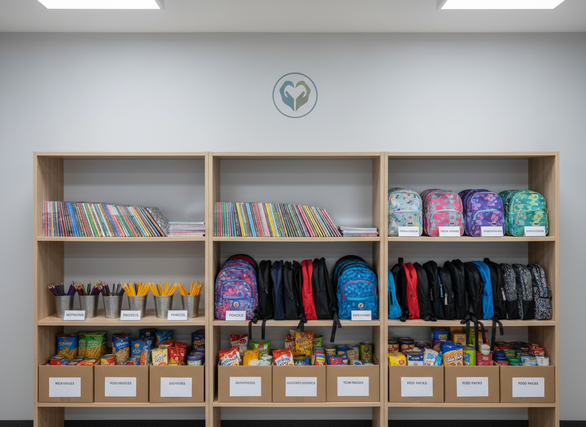 An orderly shelving unit made of light-colored wood, filled with clearly labeled containers of donated items: notebooks with colorful covers, sharpened pencils in metal cups, neatly packed backpacks, and sealed boxes of basic food products. The shelves stand against a pristine light-gray wall accented with a discreet, modern charity foundation emblem. Overhead, soft, even artificial lighting mimics daylight, eliminating harsh shadows and highlighting the cleanliness and structure of the space. Captured from a slightly elevated angle in photographic realism, with sharp focus and balanced composition, the scene exudes professionalism, reliability, and structured support for families and children in need.