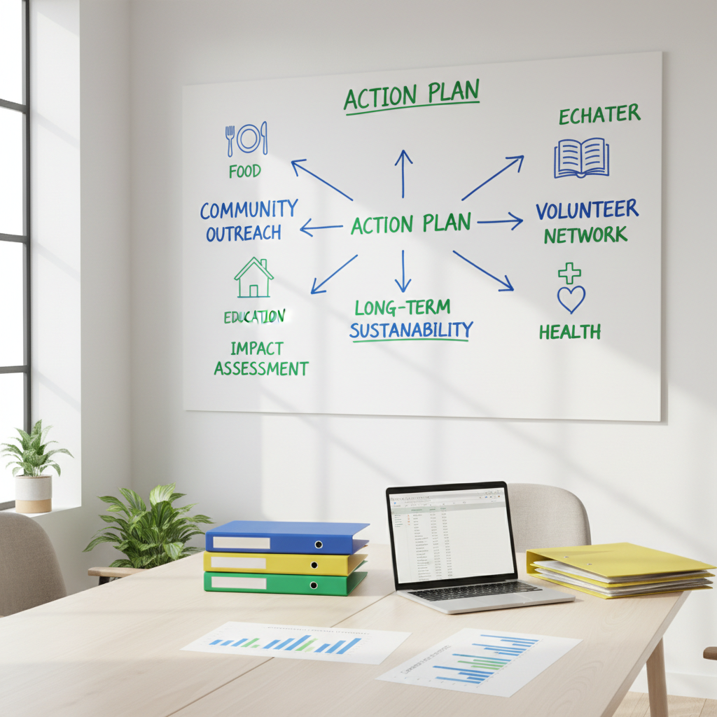 A bright, minimalist meeting space featuring a large whiteboard on a clean wall, covered with a carefully drawn action plan for a charity foundation: arrows, simple icons of food, shelter, education, and health, and key words written in neat blue and green marker. On a nearby light-wood table lie color-coded folders, a laptop, and printed charts with rising graphs indicating growing impact. Soft, indirect daylight from a side window creates a focused, professional ambience without harsh contrasts. Photographic realism at eye level, with a moderate depth of field, highlighting the whiteboard while leaving the background gently softened, conveying strategic, organized charitable work and long-term planning.
