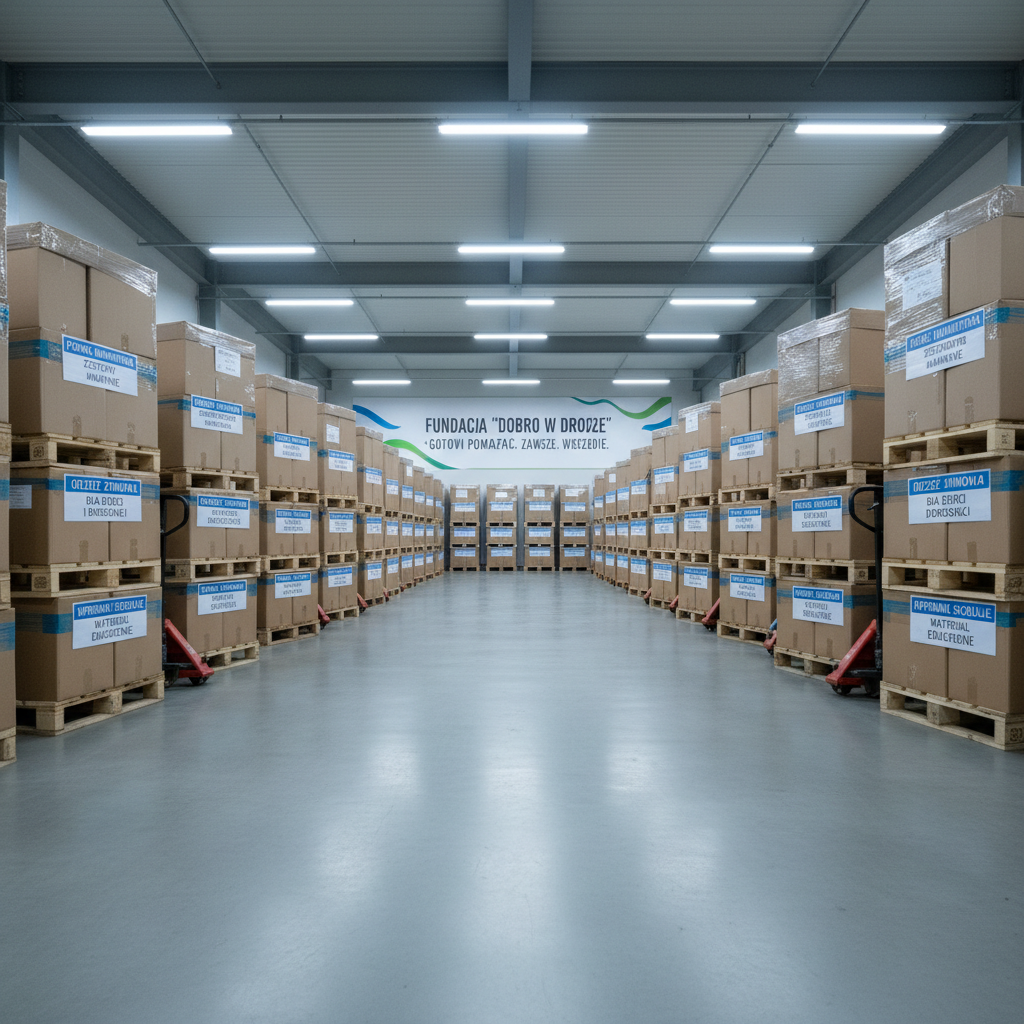 A serene, neatly arranged storage room where large labeled pallets with sealed cardboard boxes form orderly rows, each label indicating categories such as emergency aid, winter clothing, and school kits in clear Polish text. The smooth concrete floor reflects the soft, cool overhead LED lighting that creates an evenly lit, professional warehouse atmosphere. Along one wall, a large, printed banner displays the foundation’s name and mission in a clean, modern font with blue and green accents. Photographic realism from a slightly low, wide-angle perspective, emphasizing depth and scale of resources prepared for distribution, evoking readiness, reliability, and structured humanitarian support.